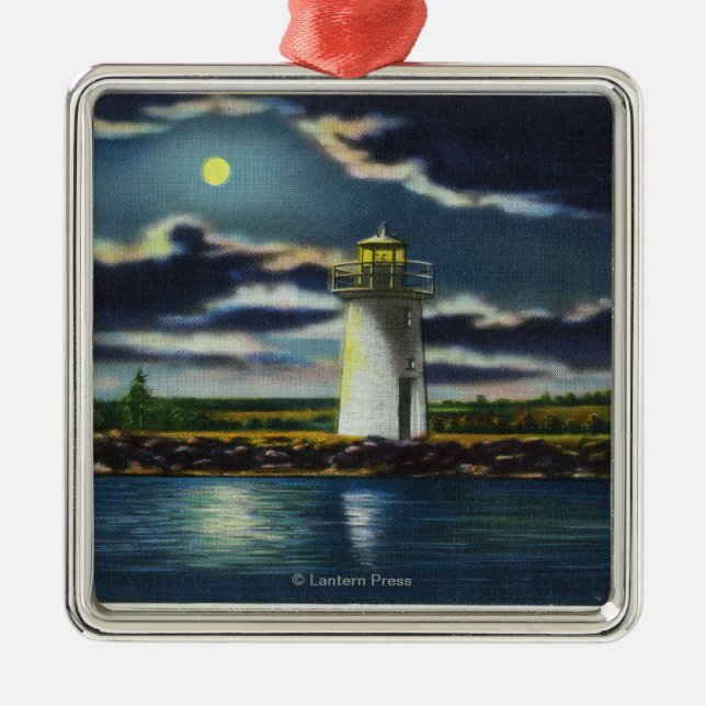 View of Lake Cobbosseecontee Lighthouse at Night Metal Ornament (Front)
