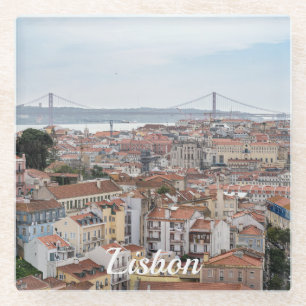 View of Lisbon old town and 25th of April Bridge Glass Coaster