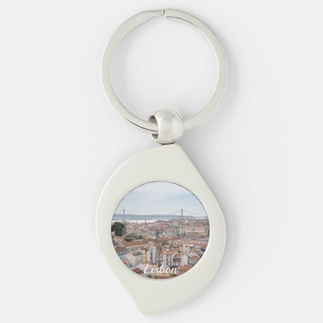 View of Lisbon old town and 25th of April Bridge Key Ring (Front)