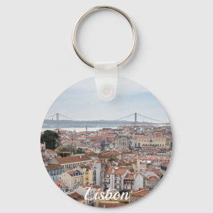 View of Lisbon old town and 25th of April Bridge Key Ring