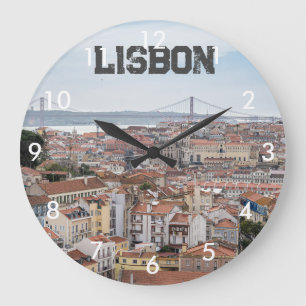 View of Lisbon old town and 25th of April Bridge Large Clock
