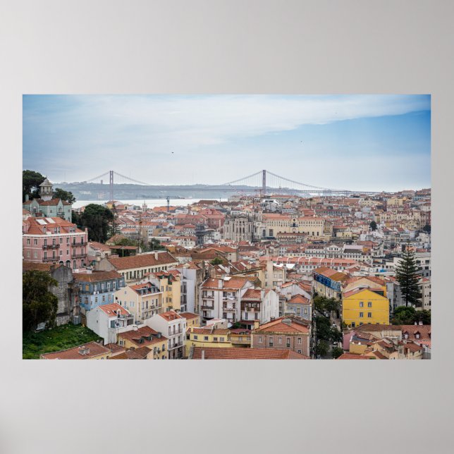 View of Lisbon old town and 25th of April Bridge Poster (Front)