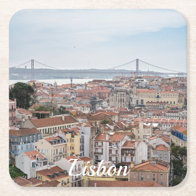 View of Lisbon old town and 25th of April Bridge Square Paper Coaster (Front)