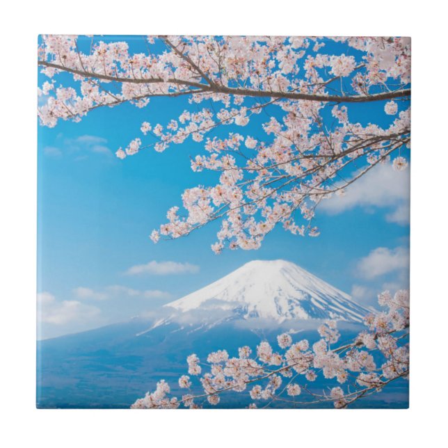 View of Mount Fuji with Cherry Blossoms Ceramic Tile (Front)
