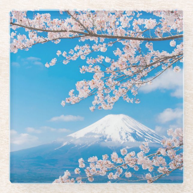 View of Mount Fuji with Cherry Blossoms Glass Coaster (Front)