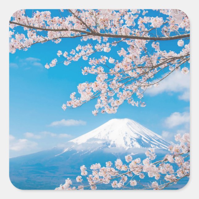 View of Mount Fuji with Cherry Blossoms Square Sticker (Front)