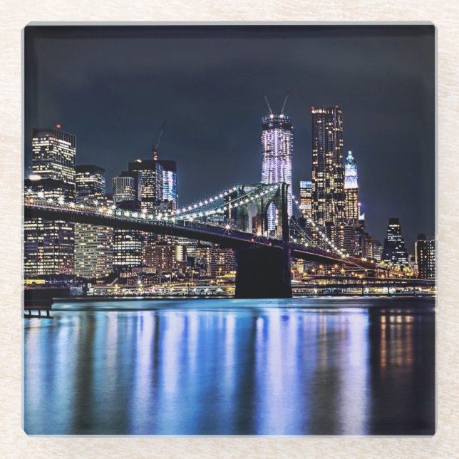 View of New York's Brooklyn bridge reflection Glass Coaster (Front)