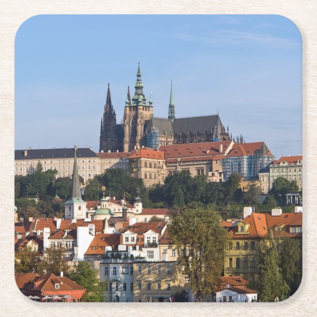 View of old town and Prague castle, Czech Republic Square Paper Coaster (Front)