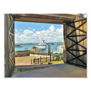 View of Open Doors to Harbour with Cruise Ship Photo Print