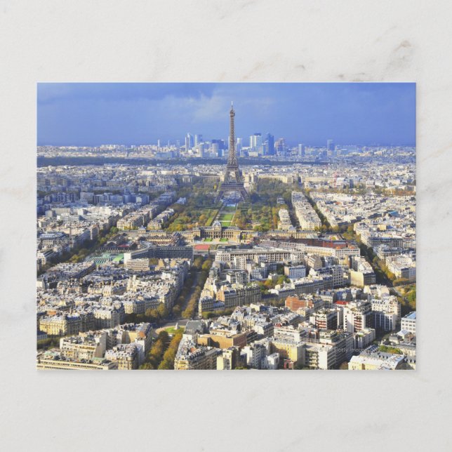 View of Paris with Eiffel Tower and La Defence Postcard (Front)