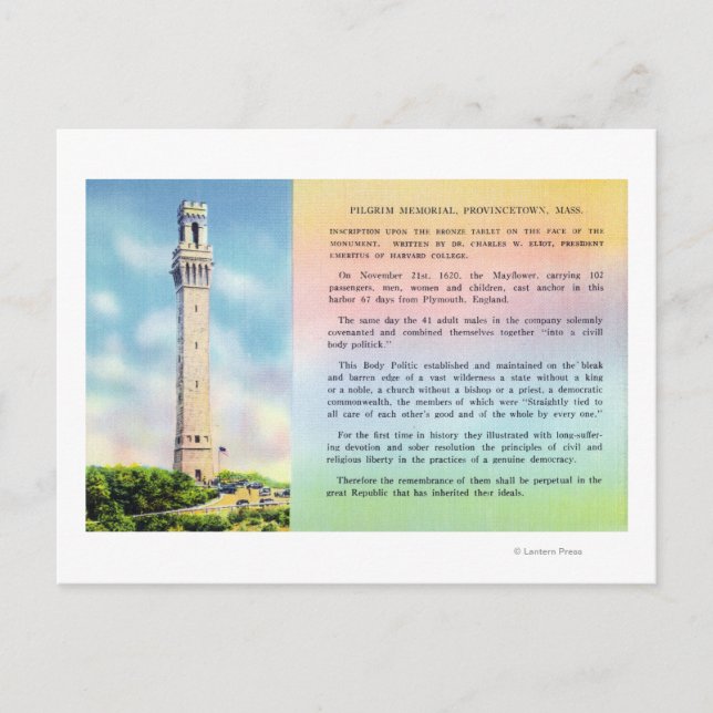 View of Pilgrim Memorial and Brief Information Postcard (Front)
