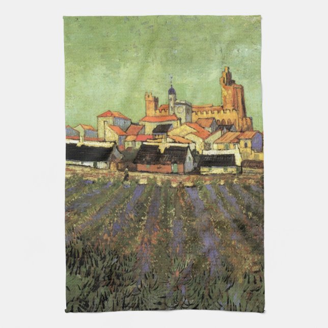 View of Saintes Maries by Vincent van Gogh Tea Towel (Vertical)