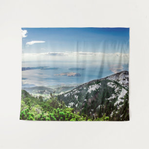 View of sea from mountains tapestry