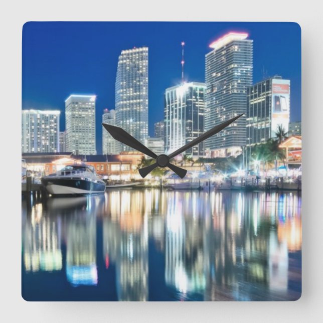 View of skyline with reflection in water, Miami Square Wall Clock (Front)