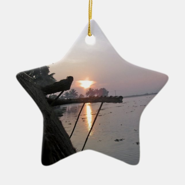 View of sunrise from a houseboat window ceramic ornament (Front)