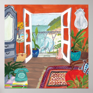 View of the Sea Apartment Interior Watercolor Art  Poster