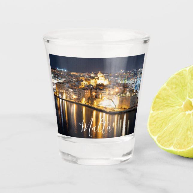 View of Three cities in Malta at night Shot Glass (Front)