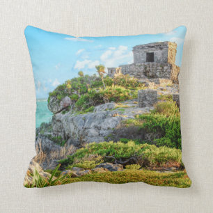 View Of Tulum Ruins, God Of Winds Temple, Mexico Cushion