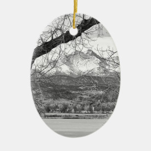 View Through The Trees To Longs Peak BW Ceramic Ornament