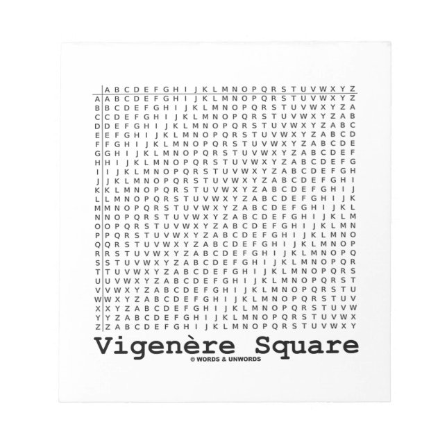 Vigenère Square (Cryptography Tabula Rasa) Notepad (Front)