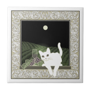 Vigne, Clair de Lune et Chat Blanc Ceramic Tile