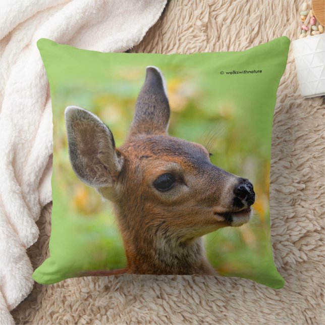 Vignetted Portrait of Smiling Blacktail Deer Fawn  Cushion (Blanket)