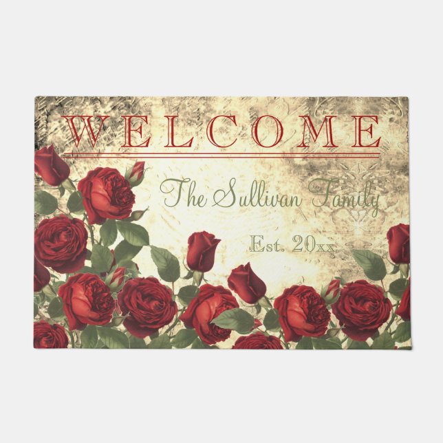 Viintage Red Roses WELCOME Monogram Family Doormat (Front)