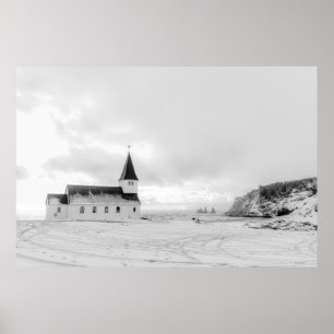 Vík i Myrdal Church Black and White Poster