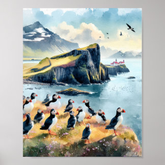 Vik Iceland Puffins Watercolor Poster