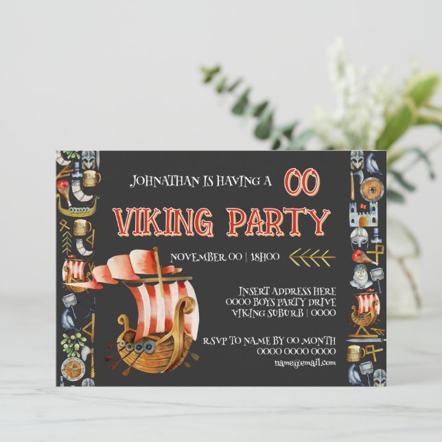 Viking Birthday Invitation Boys 1–7 Navy blue red (Standing Front)