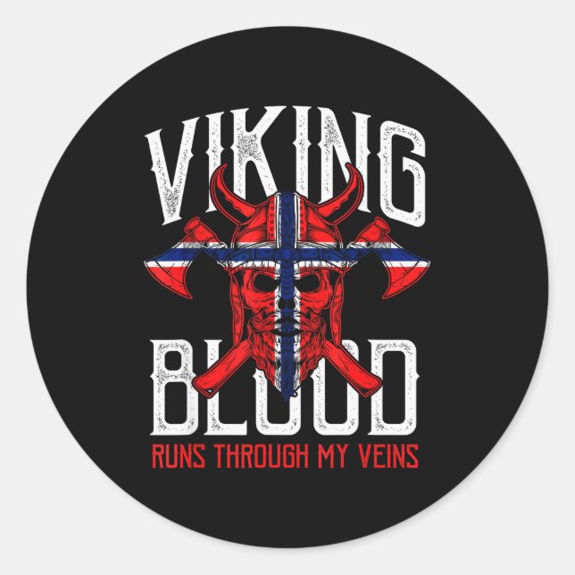 Viking Blood Skull Norwegian Flag Pride Norway  Classic Round Sticker (Front)