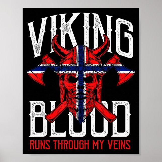 Viking Blood Skull Norwegian Flag Pride Norway  Poster (Front)