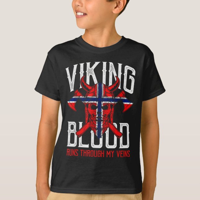 Viking Blood Skull Norwegian Flag Pride Norway  T-Shirt (Front)