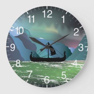 Viking Boat at Norwegian Fjord Large Clock