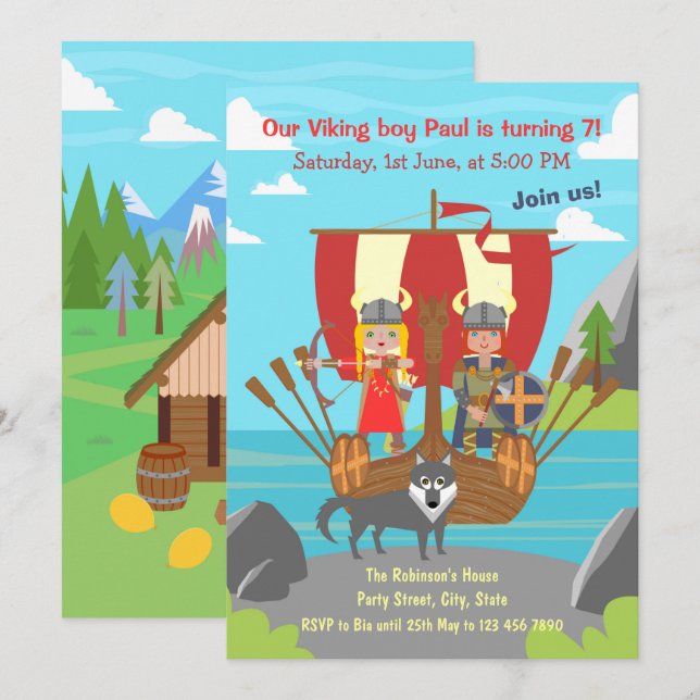 Viking boy and girl on viking ship birthday party invitation (Front/Back)