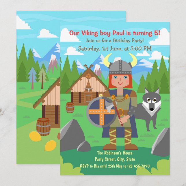 Viking Boy warrior and pet woolf Birthday Party  Invitation (Front/Back)