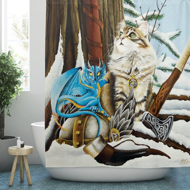 Viking Cat Blue Dragon Fantasy Shower Curtain (Creator Uploaded)