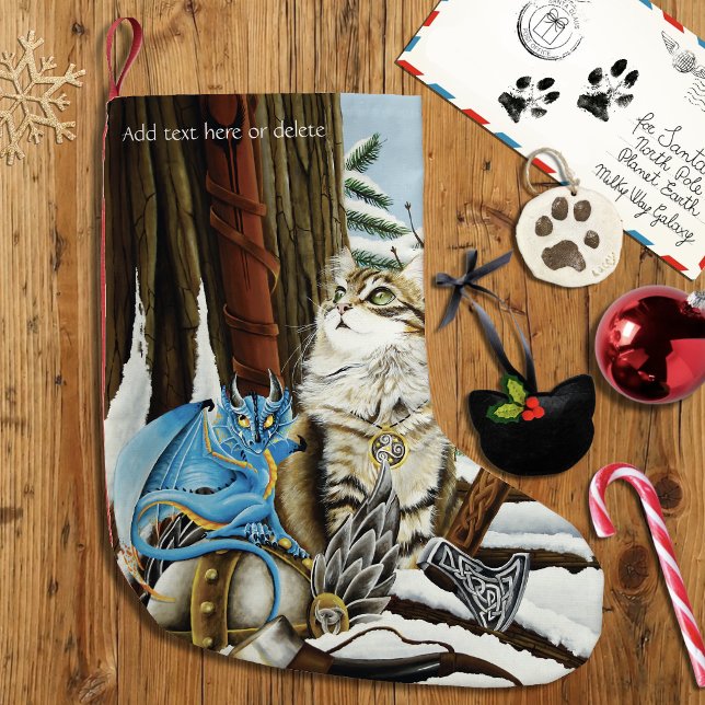 Viking Cat Blue Dragon Fantasy Small Christmas Stocking (Creator Uploaded)
