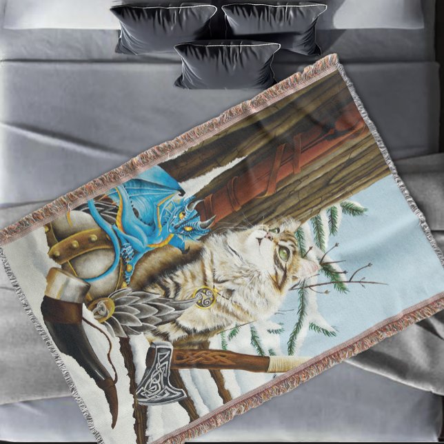 Viking Cat Blue Dragon Throw Blanket (Creator Uploaded)