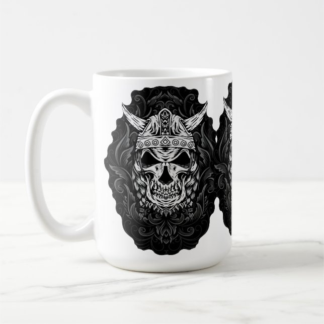 Viking Engraved Skull Art Coffee Mug (Left)