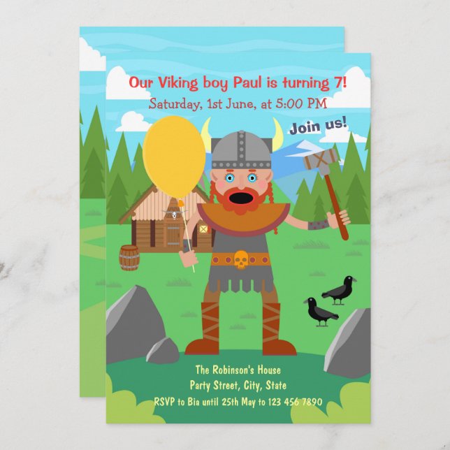 Viking father with balloon call to party invitation (Front/Back)