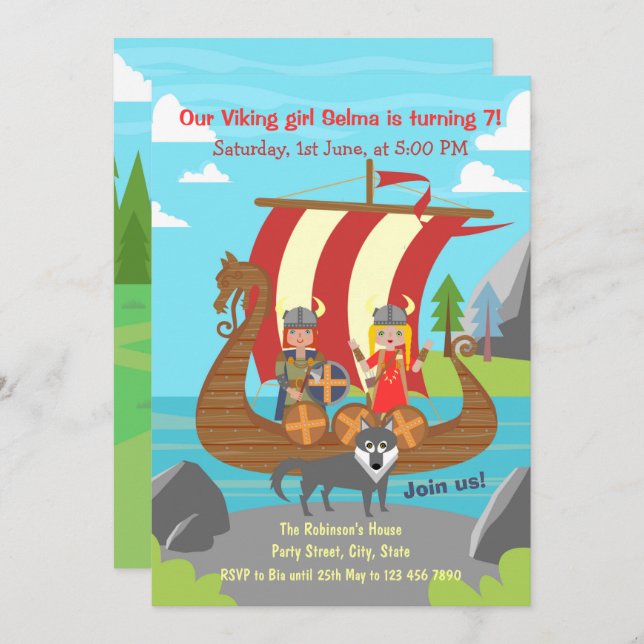 Viking girl and boy on viking ship birthday party  invitation (Front/Back)