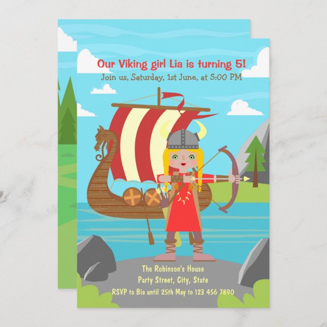 Viking Girl posing in front of Viking ship Party  Invitation (Front/Back)