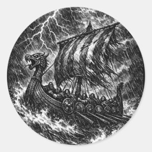 Viking Longship in the Storm — Ink Saga Art Classic Round Sticker