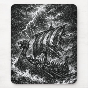 Viking Longship in the Storm — Ink Saga Art Mouse Pad