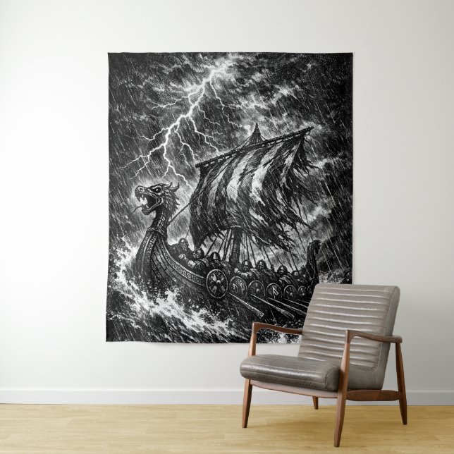 Viking Longship in the Storm — Ink Saga Art Tapestry (In Situ)