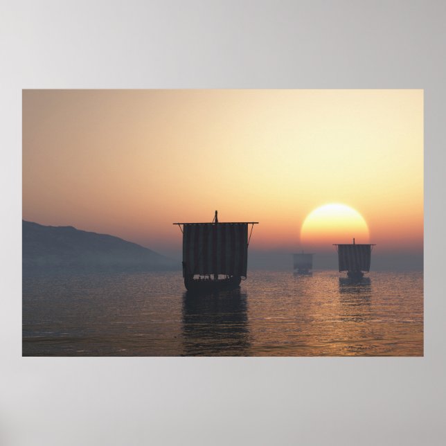 Viking Longships at Sunset Poster (Front)