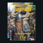 Viking mediaeval norse warriors fantasy birthday invitation<br><div class="desc">Two barbarian Viking warriors wearing horned helmets and leather with fur and metal pants and tops are standing menacingly facing you. They both have long beards and are framed by a village house in the background. The back has a further two nordic warriors walking through the village. Bold pale mustard...</div>