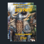 Viking mediaeval norse warriors fantasy birthday invitation<br><div class="desc">Two barbarian Viking warriors wearing horned helmets and leather with fur and metal pants and tops are standing menacingly facing you. They both have long beards and are framed by a village house in the background. The back has a further two nordic warriors walking through the village. Bold pale mustard...</div>