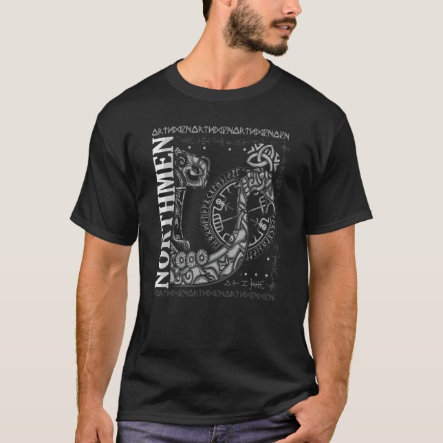 Viking Norseman Boat Runes Odin's Hammer Norse Com T-Shirt (Front)